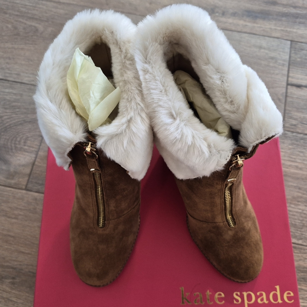 New Kate Spade Cream Faux Fur Tobacco Sport  Suede Boots 7.5